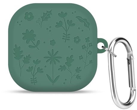 DiyGody Silicone Case Compatible with Samsung Galaxy Buds 4/4 Pro with Keychain, Protective Cover with Engraved Floral Plant Design for Women, Shockproof Dust-Proof Anti-Scratches TPU Case, Green