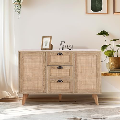 ALPHA HOME Sideboard mit 3 Schubladen und 2 Türen, Aufbewahrungsschrank | Kommode Buffetschrank mit Rattan-Dekor für Wohnzimmer, Esszimmer, 40D x 120W x 80H cm