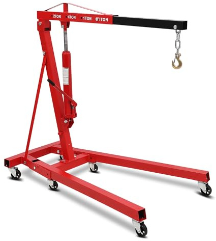 2 Ton Folding Engine Crane Hoist, Heavy Duty Hydraulic Hoist Lift with 8 Ton Hydraulic Cylinder, 360° Rotating Wheels, 4 Adjustable Holes, Foldable Storage & 6 Swivel Casters for Garage, Workshop