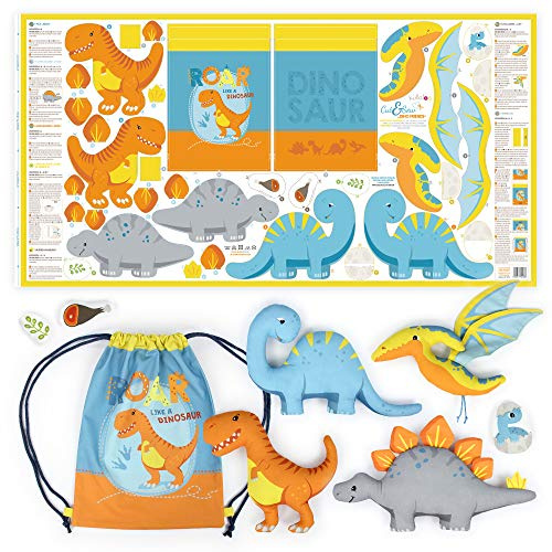 kullaloo Cut & Sew Stoff Paneel auf Baumwolle – Bunte Nähprojekte zum selber machen, mit T-Rex, Langhalsdino und Flugsaurier – Öko-Tex 100 zertifiziert – DINO FRIENDS