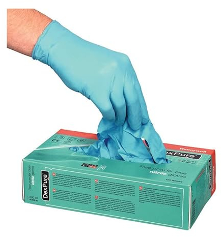 Honeywell 4580081-M DexPure 800-81 Einweg-Nitrilhandschuhe, ungepudert, beidhändig, blau, 24 cm lang, zertifiziert für den Kontakt mit Lebensmitteln, Größe M (Packung mit 100 Handschuhen/ 50 Paar)