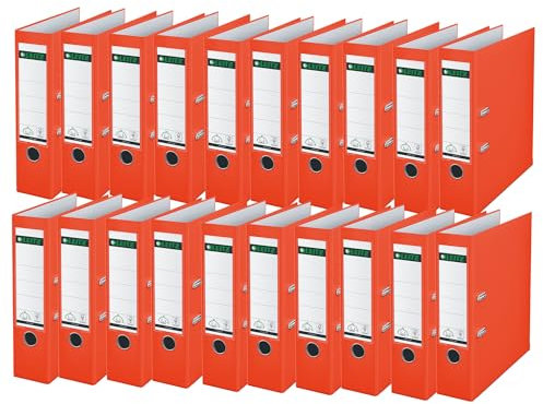 Leitz Qualitäts-Ordner 180° Plastik, 20er Pack, A4, Hellrot, 8,2 cm Rückenbreite, PP-laminierter Einband, 10105020