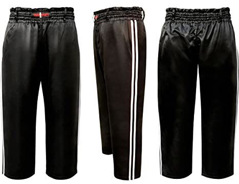 V.Sports Kickboxhose Trainingshose Schwarz mit 2 weißen Streifen Satin-Hosen für Kinder und Erwachsene (5/180 cm Bundweite 86,4 cm 1,5 m - 1,8 m Höhe)
