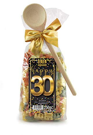 Bull & Bear Pasta Präsent Happy 30 bunte Zahl-Nudeln 250g, Motivnudeln handgefertigt, witziges Geschenk zum Geburtstag