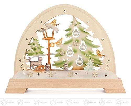 Rudolphs Schatzkiste Rundbogen mit Katze und Kugeln farbig, elektrisch beleuchtet BxHxT = 48x37 NEU Erzgebirge Schwibbogen Lichterbogen