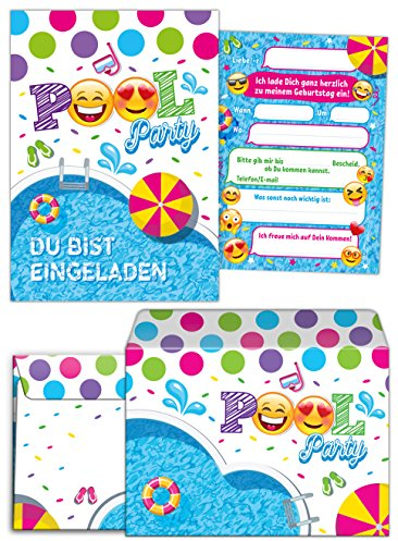 JuNa-Experten 12 Einladungskarten zum Kindergeburtstag Schwimmbad – Mit 12 Umschlägen, Einladungen für Mädchen und Jungen, Bunte Geburtstagseinladungen für eine Pool-Party