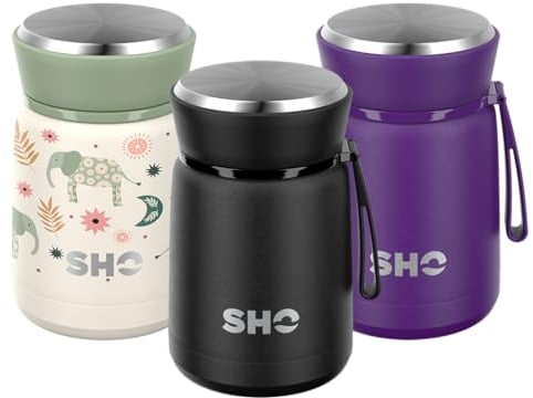 SHO Food Flask - Vacuum Insulated, Double Walled Stainless Steel Food Flask & Food Container - 10 Hours Hot & 20 Hours Cold - 530ml 800ml - BPA Free (Jet Black, 530ml)