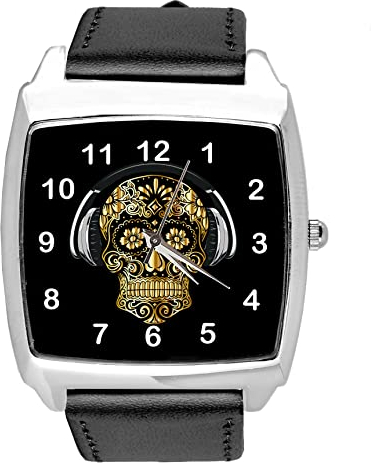 TAPORT® Quarzuhr aus schwarzem Leder für Totenkopf-Fans, Schwarz , Armband