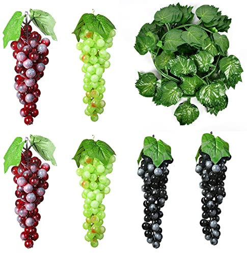 6 Pièces Raisins Artificiels + Vigne Artificielle Laisse, DéCorative RéAliste, Plastique Grappes de Raisins, pour Mariage Vin Cuisine Centre Table, Accessoires Faux Fruits 17cm/6.69in Morlight061