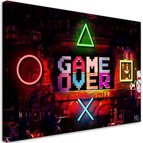 Feeby 1-teilig Vlies Leinwandbild 30x20 cm Spiele Für den Gamer Gaming Game Over Wand Bild Kunstdruck Deko Wohnzimmer Wohnungs Deko Symbole Abstraktion Spielkonsole mehrfarbig