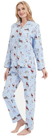 GLOBAL Femme Pyjama Flanelle Manches Long |Ensembles de Pyjama Coton |Chemises de Nuit Bouton | Chaleureux Vêtements de Nuit Confortable |Chien Mignon Bleu L