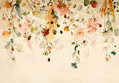 decomonkey Fototapete selbstklebend Blumen 294x210 cm Selbstklebende Tapeten Wand Fototapeten Tapete Wandtapete klebend Klebefolie Wohnzimmer Natur Pflanzen Stein Vintage Retro bunt beige