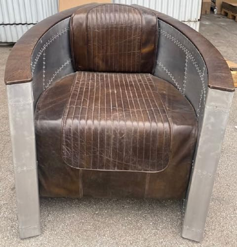 Casa Padrino Luxus Art Deco Leder Sessel Vintage Dunkelbraun/Silber - Aluminium Wohnzimmer Sessel mit hochwertigem Echtleder - Lounge Sessel - Flugzeug Flieger Echtleder Möbel
