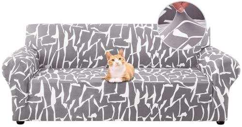 Jaotto Sofabezug 3 Sitzer Elastischer Stretch Spandex Sofa Überwürfe Sofahusse Antirutsch Waschbar Sofaschoner Couchbezug für Sofa mit Armlehne,Asche weiße Linie