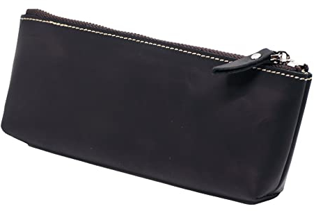 BAWAKO Federmäppchen aus hochwertigem Leder - Wunderschönes handgefertigtes Etui mit Reißverschluss - Elegante Federtasche für Erwachsene und Studenten, Kosmetiktasche(Schwarz, H8)