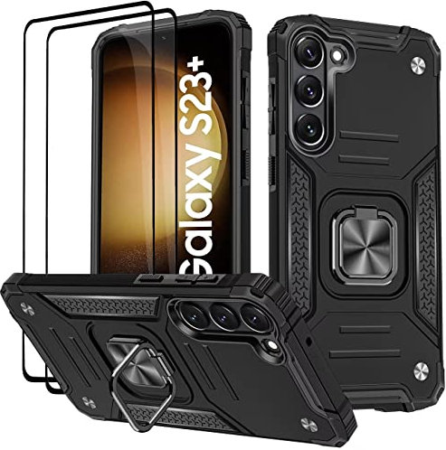 KANSi Cover per Samsung Galaxy S23 Plus / S23+, Vetro Temperato [2 Pack] Custodie Silicone TPU 360° Rotante Anello Magnetica Anello Ring Supporto Bumper - Nero