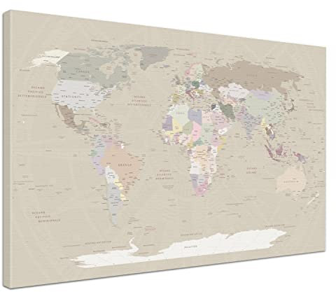 Weltkarte-Pinnwand als Leinwandbild zum pinnen der Reisen - World Map Cappuccino - italienisch - Landkarten-Wandbild Globus in beige, 80 x 60 cm