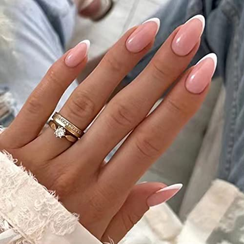 JUSTOTRY 24 Pcs Almond Short False Nails,White French Press on Nails Pattern,Pink Fake Nail Short, Oval Medium Stick on Nail for Women,Stylish Nails Fake Nail for Nail Art