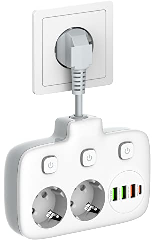 Regleta con USB, 6 en 1 Regleta eléctrica 2 enchufes y 3 USB & 1 Tipo-C, Adaptador de Enchufe múltiple con Cable Flexible Corto de 0,1 M, Toma de distribución multitoma para Oficina, hogar, Viaje