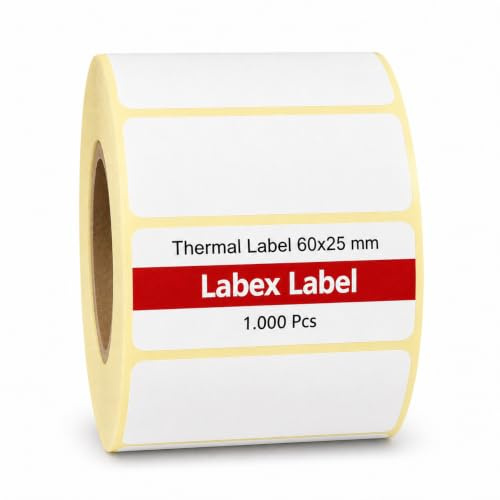 Thermoetiketten 60x25 mm auf Rolle – Barcode EAN Regaletiketten – 1 Rollen 1000 Etiketten – Thermodirekt ohne Farbband – kompatibel mit Zebra, TSC, Godex – Labex Label