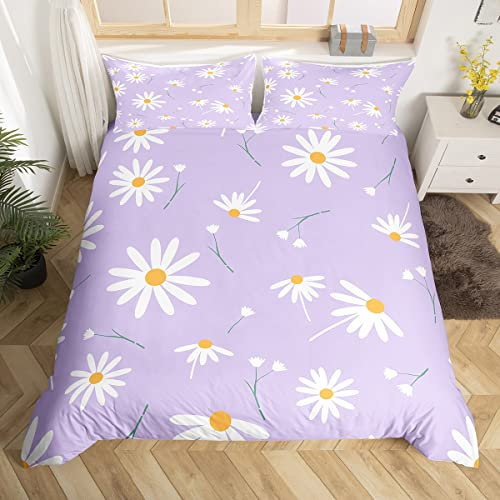 White Daisy Duvet Cover Set Double Size, Botanical Theme Floral Print Comforter Cover with 2 Pillowcases, Girly Purple Bedding Set 3pcs for Kids Girls Bedroom Decor Lightweight Bedspread Cover