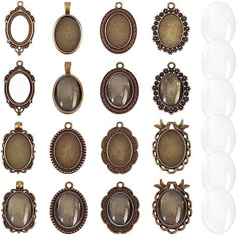 nbeads 42 Stück Lünette Anhänger Rohlinge Einstellungen, 2.5×1.8cm Antike Bronze Oval Blank Lünette Anhänger Trays Einstellungen mit Glas Cabochons für Memorial Foto Schmuck Machen