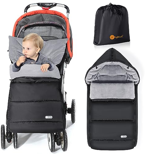 Ivywind Fußsack Kinderwagen Winter, Universeller Fußsack Buggy mit Verstellbarer Reißverschlus, Wasserdicht Fusssack Kinderwagen Baby, Abnehmbar und Waschmaschinenfest, Warm, Schwarz und Grau