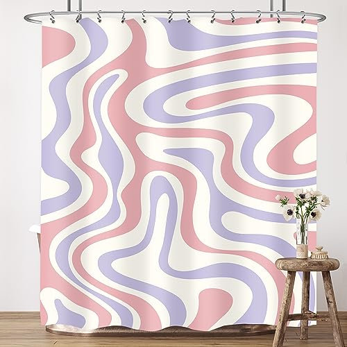 LIGHTINHOME Duschvorhang, modern, abstrakt, groovig, ästhetisch, niedlich, 70er-Jahre-Retro-Spiralwirbel, bunt, Stoff, wasserdicht, mit Haken, Pastellrosa/Violett, 152 x 183 cm