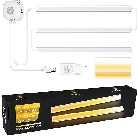 ALITOVE 5V LED-Schrankbeleuchtung 3 Packungen Verknüpfbare Unterbauleuchte Küche 30cm mit Bewegungssensor Nachtlicht 3 Farben Dimmbar LED Lichtleiste für Kleiderschrank Treppe Küche
