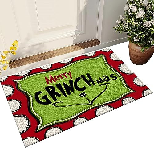 Weihnachtsdekoration Fußmatte – Frohe Weihnachten Teppich – Grinchs Outdoor Willkommensmatten – Niedliche Cartoon-Haushalts-Eingangstür Bodenmatte – Moderne lustige rutschfeste Bodenmatte für Küche