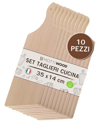 Set 10 Taglieri da Cucina con Manico, 100% Legno Faggio, Perfetto per Tagliare e Servire, Dimensioni 35x14x1hcm, Alta Resistenza, Made in Italy