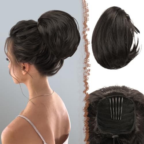 FESHFEN Haarteil Dutt mit Comb Kurz Haarteil Pferdeschwanz Haardutt Chignon Synthetik Haarteile Kunsthaar Dutt Extensions mit Comb Kordelzug für Damen, Schwarz Braun