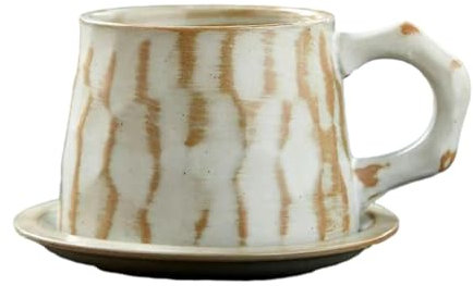 CAPIJIONG Juego de taza de café y plato de cerámica retro japonesa de 320 ml, juego de té para restaurante, taza de leche, blanco liso (con cuchara)