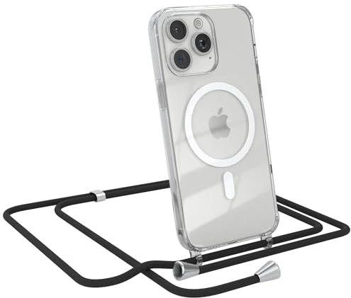 EAZY CASE - Handykette kompatibel mit iPhone 15 Pro Max Kette zum Umhängen Stoßfest Handyhülle für iPhone 15 Pro Max Silikon Hülle mit Band Transparent als Fallschutz in Schwarz - Clips Silber