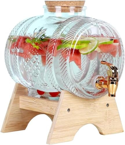 Cambos Distributeur de Boissons en Verre, Distributeurs de Boissons Glacées 1L/3L/5L, avec Robinet et Support en Bois, Seau à Glace en Verre pour Une Utilisation Quotidienne de Fête