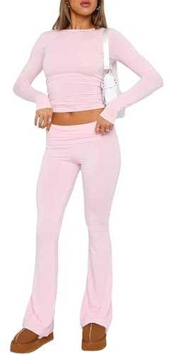 ABINGOO Damen Baumwoll Lounge Oberteil Und Schlaghose Geschnittene Yoga Trainingsanzug Zweiteiliger Outfit Schmal Loungewear Set (Rosa, M)