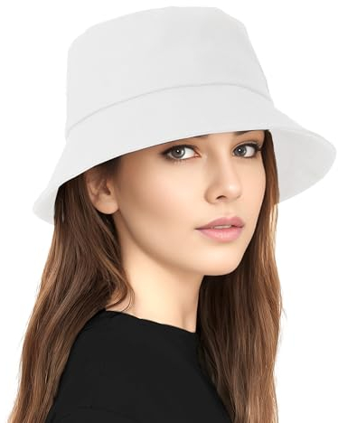 BFONS Unisex Eimer Hut für Frauen Männer Baumwolle Sommer Sonne Strand Hut, Denim verpackbar Cap für Casual, Reisen, Sport, weiß