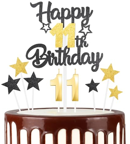 Schwarzgoldenes 11th Geburtstagskerzen Kuchenaufsatz Set, 3D Golden Zahl 11 Kerze für Kuchen, Mädchen Jungen 11th Geburtstag Dekorationen, Schwarzgoldenes Geburtstagsdekorationen für Mädchen Jungen