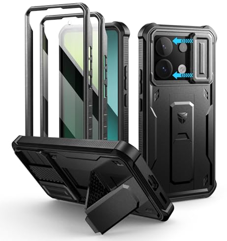 Dexnor Kompatibel mit Xiaomi Redmi Note 13 Pro 5G Hülle mit Eingebaute Schiebekamera Abdeckung&Displayschutz&Kickstand, Stoßfestes Robustes Handyhülle Ganzkörper Stoßfänger Schutzhülle - Schwarz