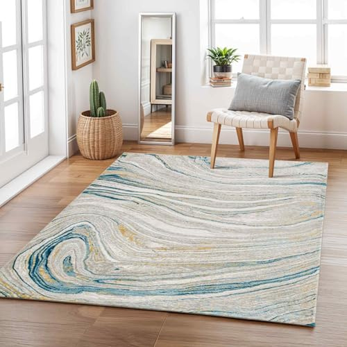 Livabliss Starec Abstract Rug - Area Rugs Living Room 160x213 cm, Dining Room, Lounge, Kitchen, Bedroom - Modern Marble Large Rug, Soft Luxurious Easy Care Medium Pile, Ivory, Grey, Tan, Blue