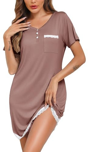 Vlazom Chemises de Nuit Femme Robe de Nuit à Manches Courtes Vêtement de Nuit Col en V Ete Bordure en Dentelle，Rose Foncé，L