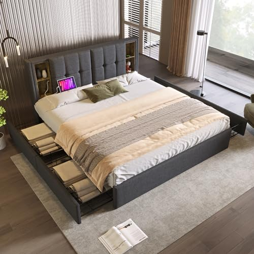 LATICO Doppelbett 160x200 Polsterbett mit 4 Schubladen Stauraum, Kopfteil mit KabellosemLaden USB C und Regal, Bettgestell mit Lattenrost aus Holz, Stauraumbett Jugendbett, Ohne Matratze (Grau-Leinen)
