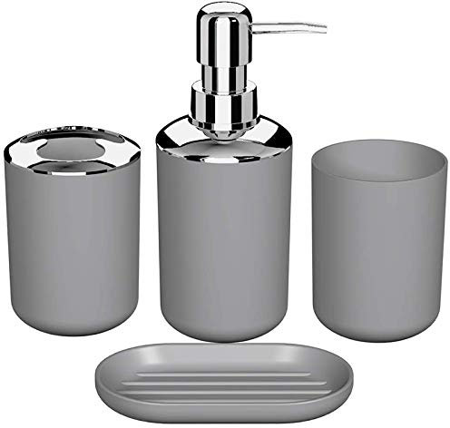 Eighosee 4 Pcs Plastic Bathroom Accessory Set,Bath Toilet Brush Accessories Set with Toothbrush Holder,Toothbrush Cup(Grey)