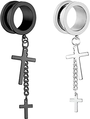 Tunnel 10mm Edelstahl Tunnel Ohr Plug mit Kette und Kreuz Anhänger Ohr Tunnel Set, 2 Stück