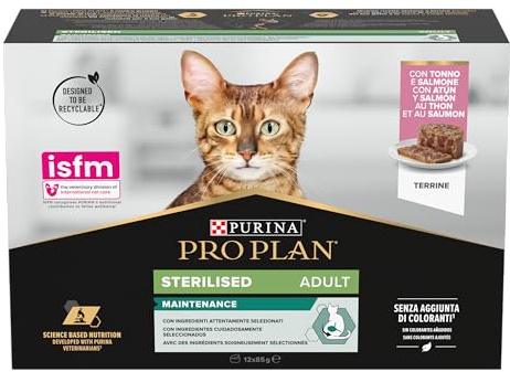 Purina Pro Plan Sterilised Mantainance Nassfutter für Katzen, sterilisiert, Pastete Lachs und Thunfisch, 12 Dosen à 85 g