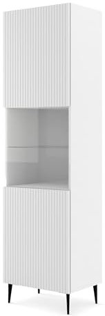 Homlando Vitrinenschrak Glasvitrine mit Fräsfronten und Metallbeine, Modernes Stauraummöbel für Wohnzimmer Vitrine, Hochschrank Standvitrine Weiß Matt Ravenna