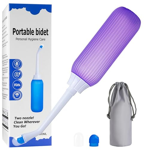 Brigtviee Tragbares Bidet Intimdusche für Damen, 500ml Portable Bidet für die Postpartale Dammpflege, Peri Bottle für Vaginaldusche, Perineal Flasche mit Doppeldüse und Reisetasche,Lila