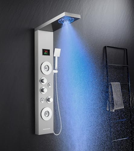 KINKIBOS Panneau de douche avec robinet, panneau de douche 6 fonctions avec affichage LED de la température, douche à effet pluie, douche brumisée, 2 modes de jets de massage, douchette à main et bec