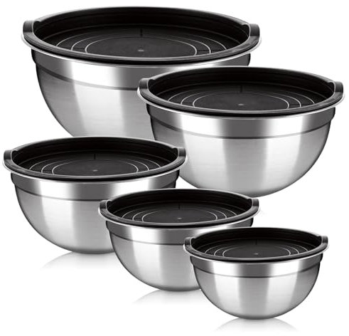 LOLYSIC Mixing Bowls Set of 5, Stainless Steel Nesting Salad Bowls with Airtight Lids, Metal Mixing Bowls for Meal Preparing Serving Food Storage, 0.7/1.2/1.6/1.8/2.1QT, Black