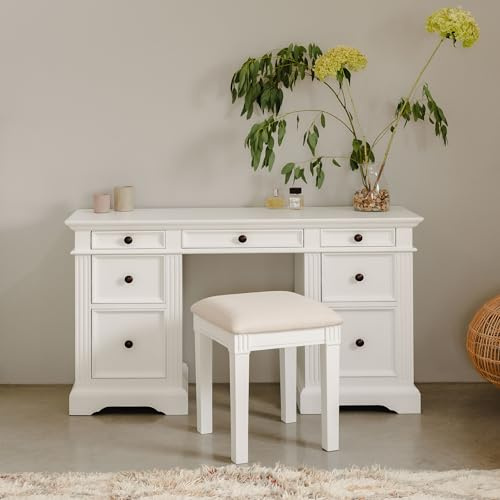 Gainsborough Dressing Table with Drawers | White Pedestal Make-up Table with 7 Drawers, W132.5cm H78cm D42.5cm, Felt-Lined Jewellery Drawers, Carved Detailing, ASSEMBLED (metal handles)